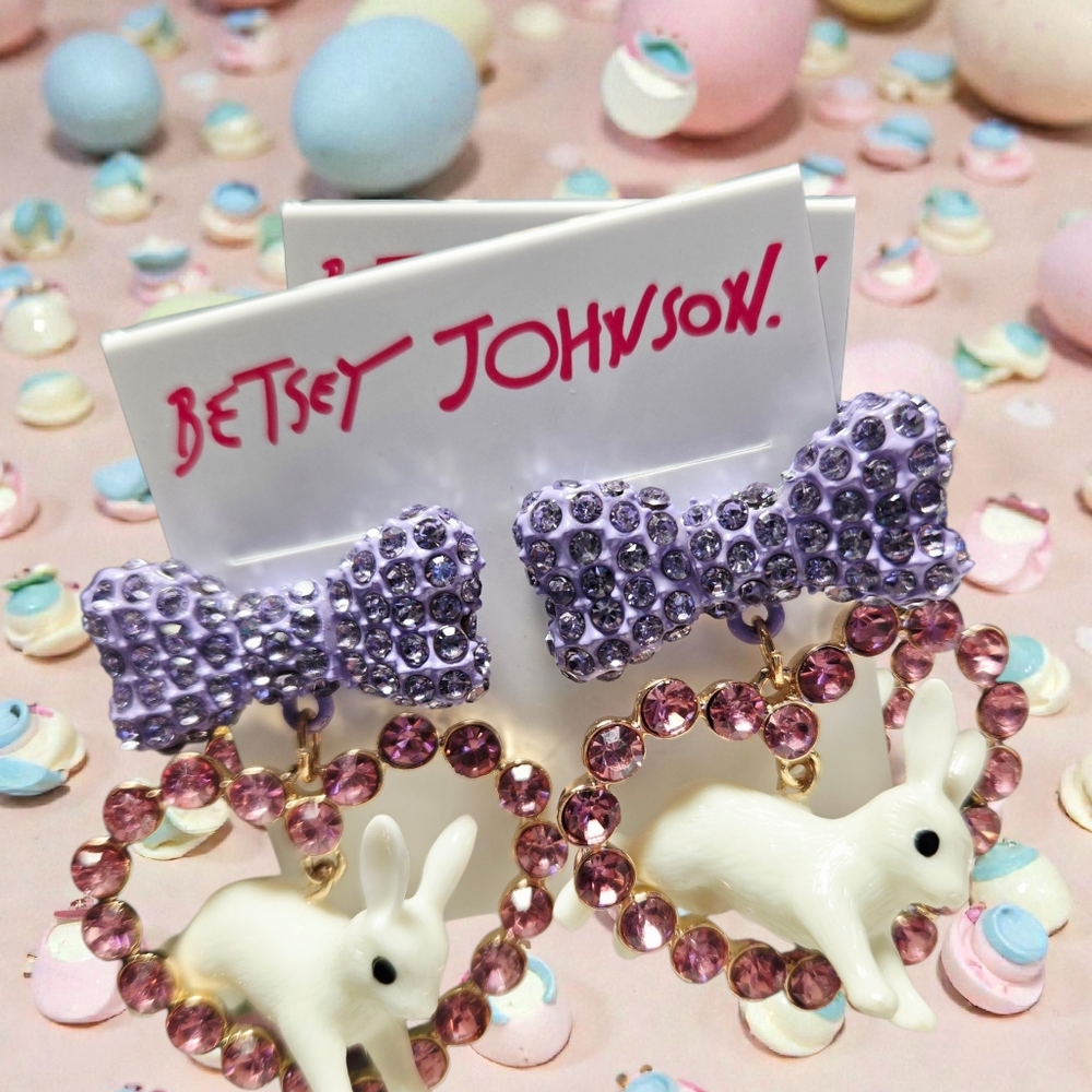 NEW Betsey Johnson Easter Bunny Bow Heart Earrings Pink Lavender Gold Tone NWT - Picture 4 of 7